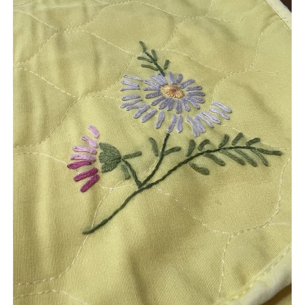 Vintage 70s MCM Yellow Embroidered Floral Cotton Placemat/Napkin Set For 4